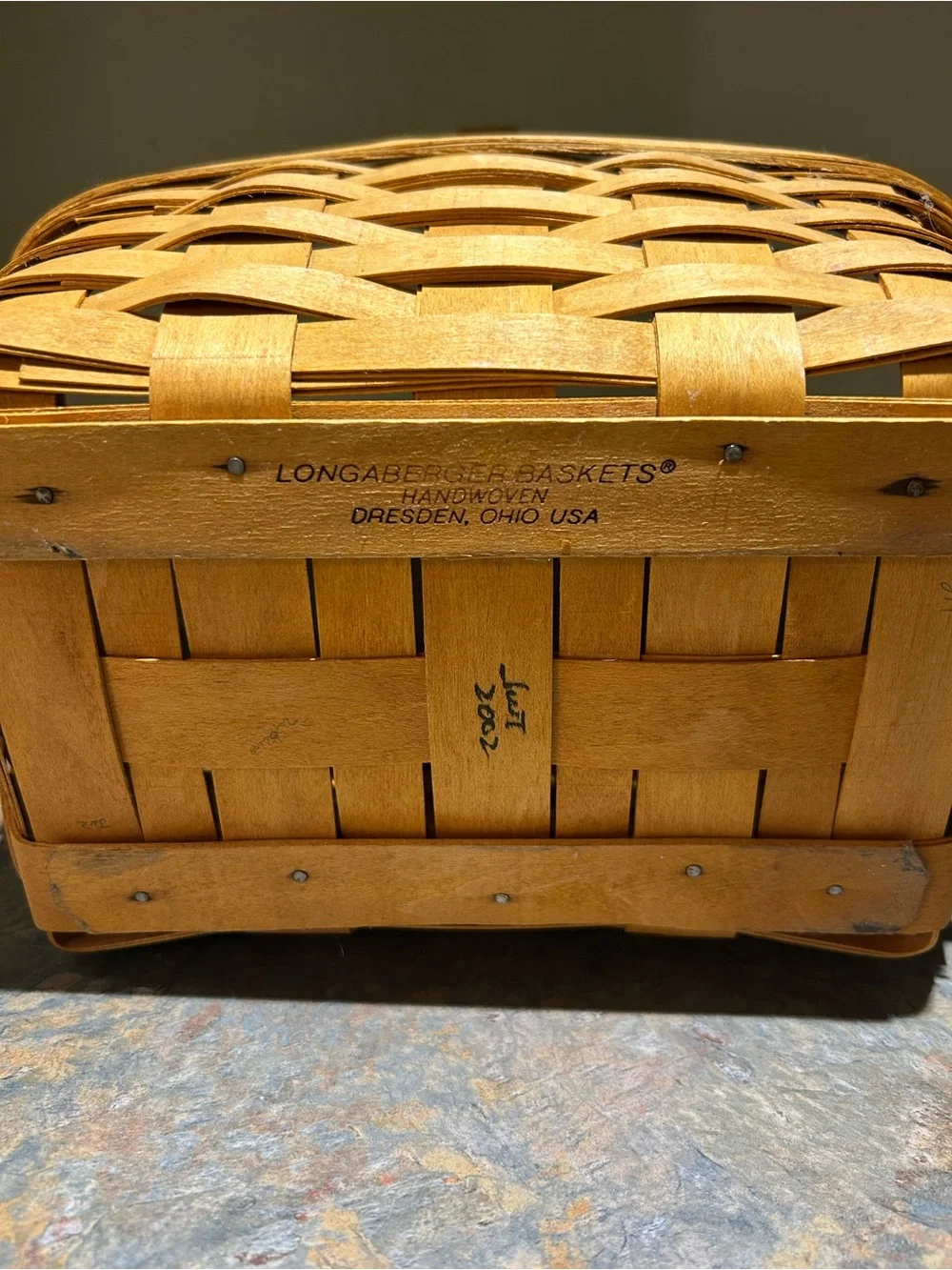 Longaberger Honey-Tone Woven Handle Basket 2002 with plastic liner